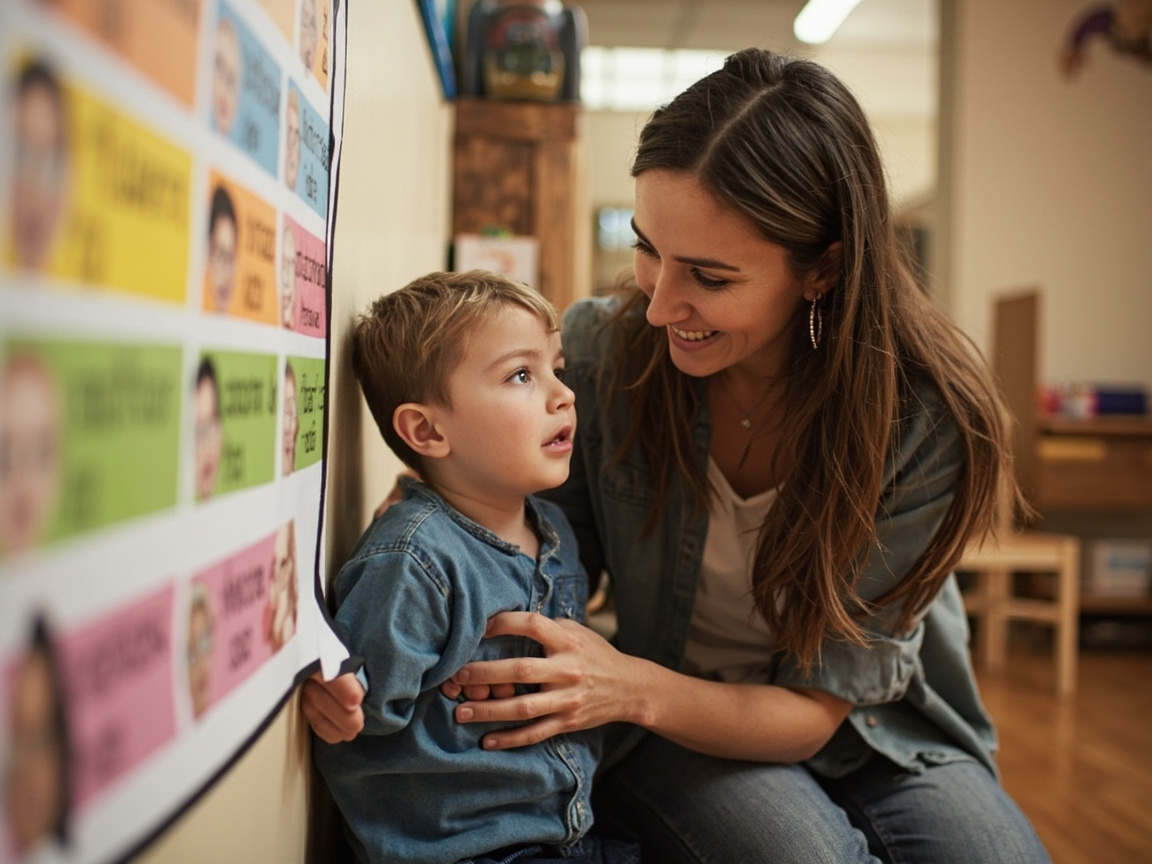 Kindergarten teacher and student reviewing a feelings chart as part of a social emotional learning curriculum