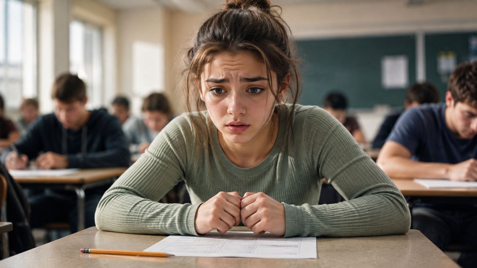 Anxious young woman looking down at a difficult test paper during a classroom exam setting.