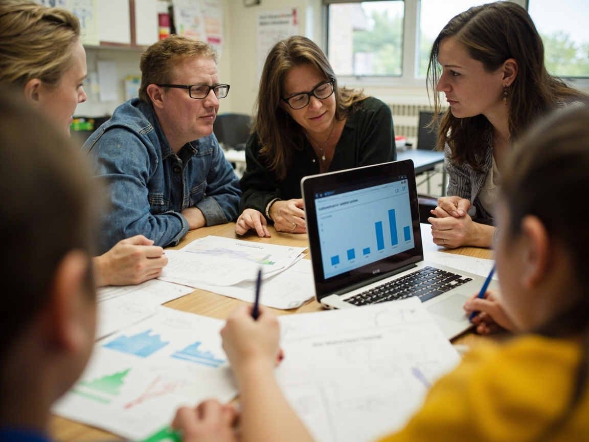 School staff team reviewing data trends to measure social emotional learning outcomes