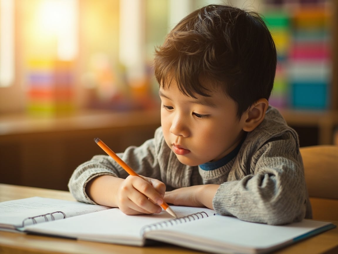 Elementary student completing a mindful journaling activity at a classroom desk