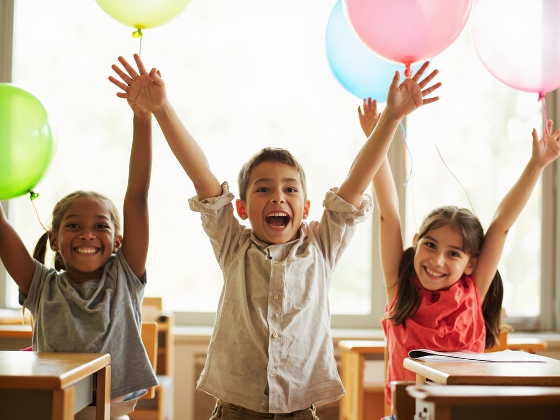 Young students doing balloon breathing mindfulness activity in an elementary classroom