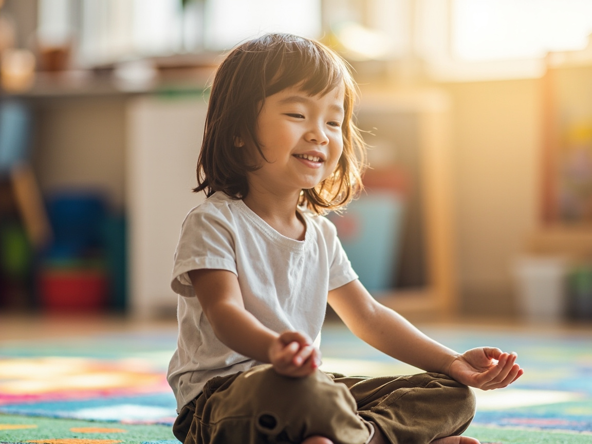 Young elementary student with eyes closed practicing mindful breathing as part of a school mindfulness program