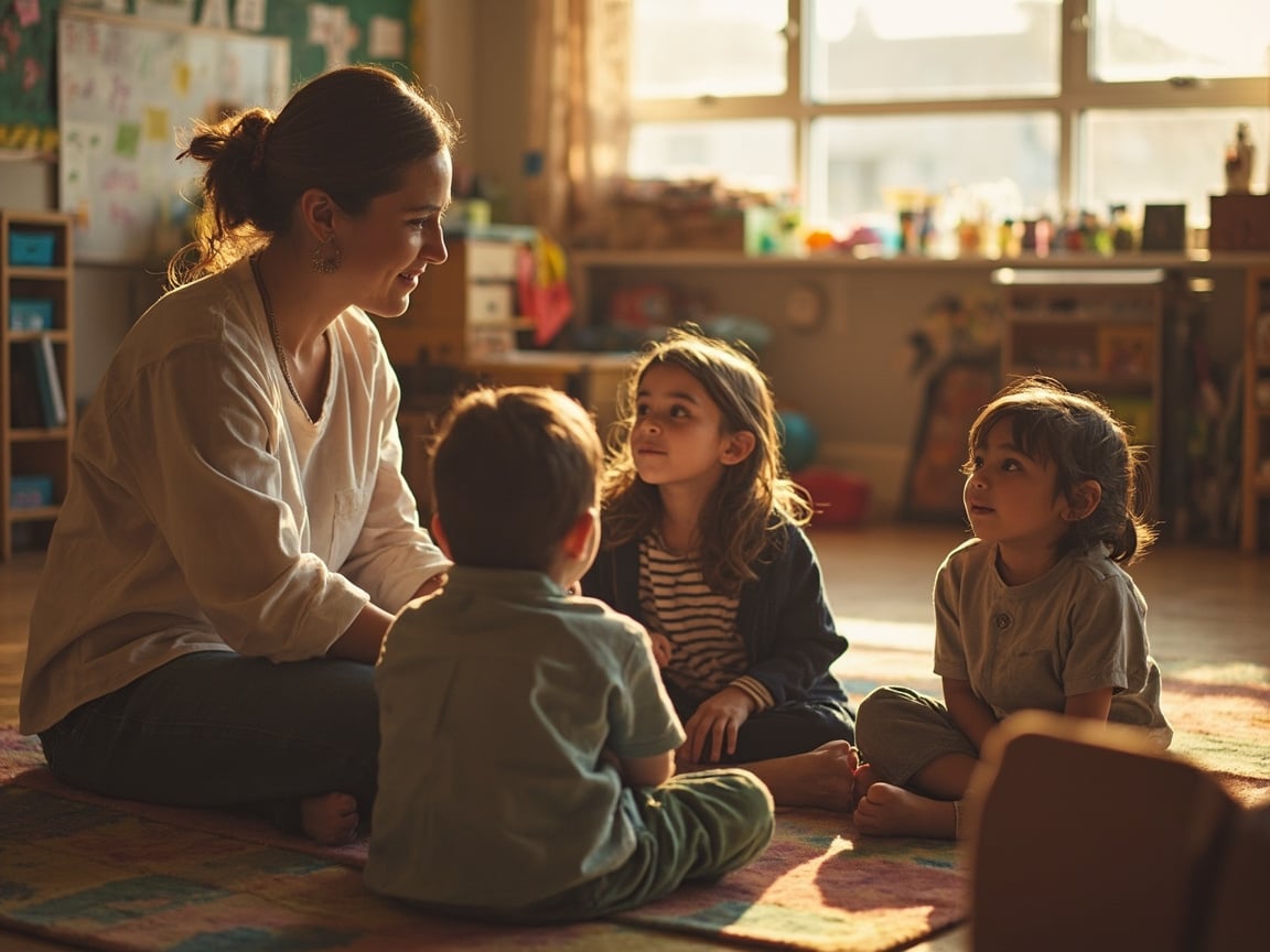 Teacher leading a consistent daily mindfulness practice with elementary students in a classroom circle