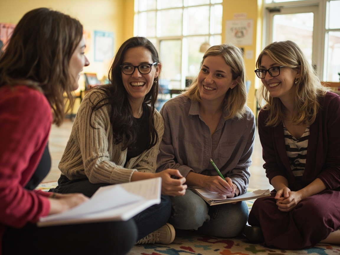 Elementary school teachers collaborating during a professional development session for a school mindfulness program