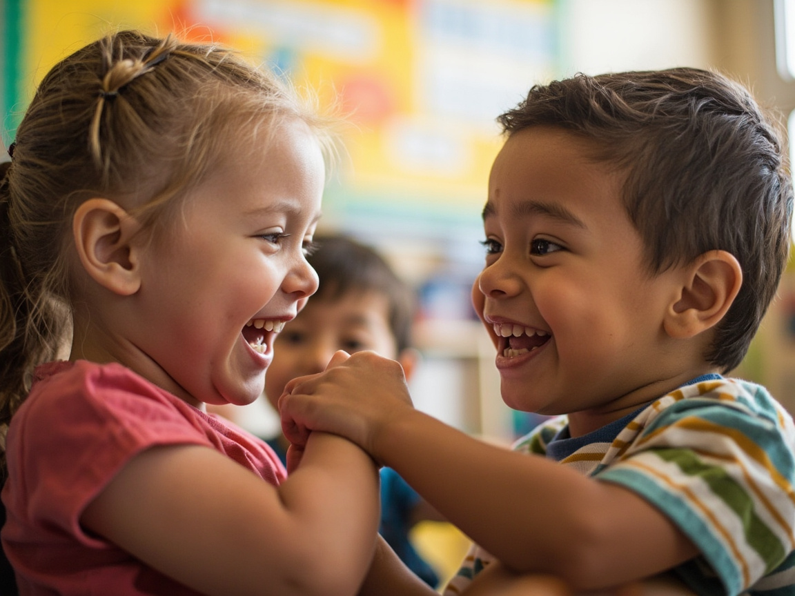 Two students doing a greeting handshake during a social emotional learning morning meeting