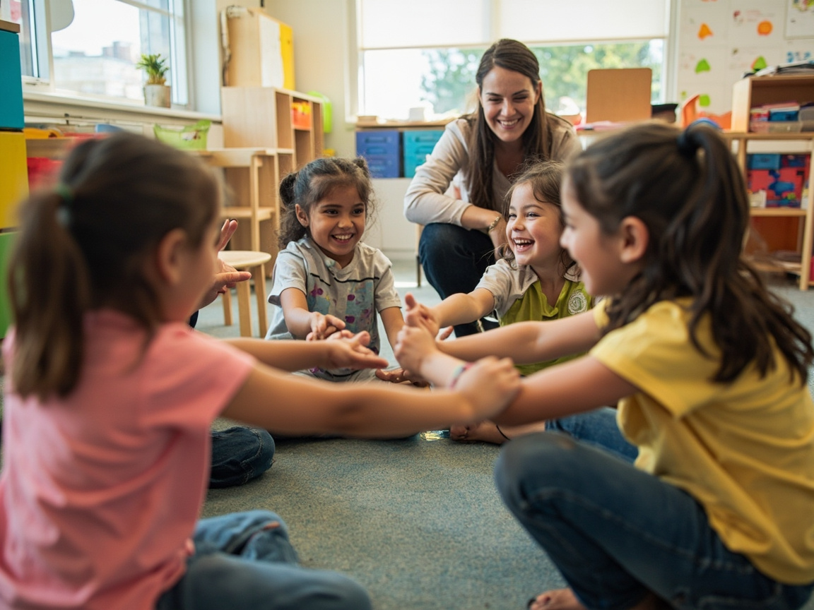 Elementary students doing a cooperative group activity during a social emotional learning morning meeting