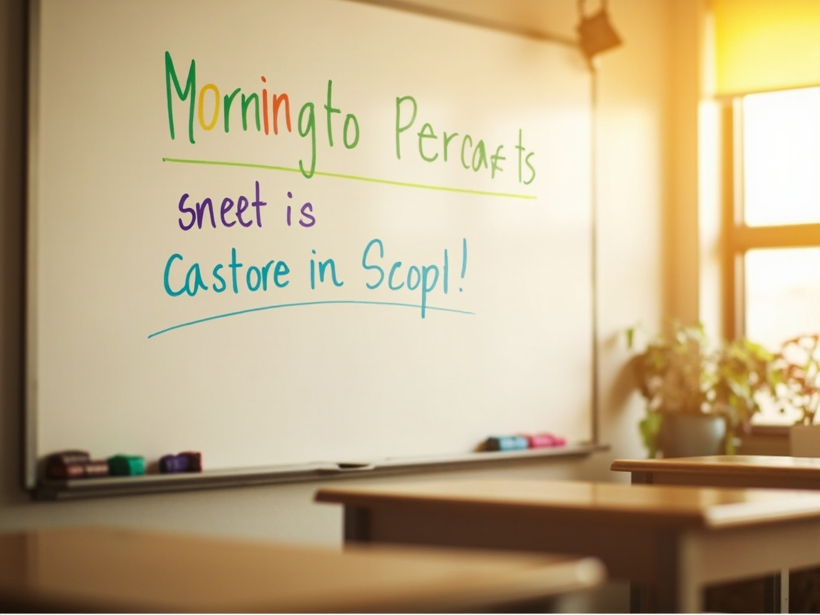 Morning message board with an SEL reflection prompt written in a colorful elementary classroom