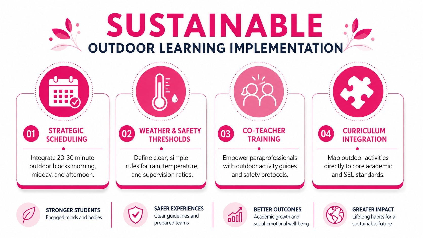 A colorful infographic outlining four strategic steps for sustainable outdoor learning implementation in educational settings.