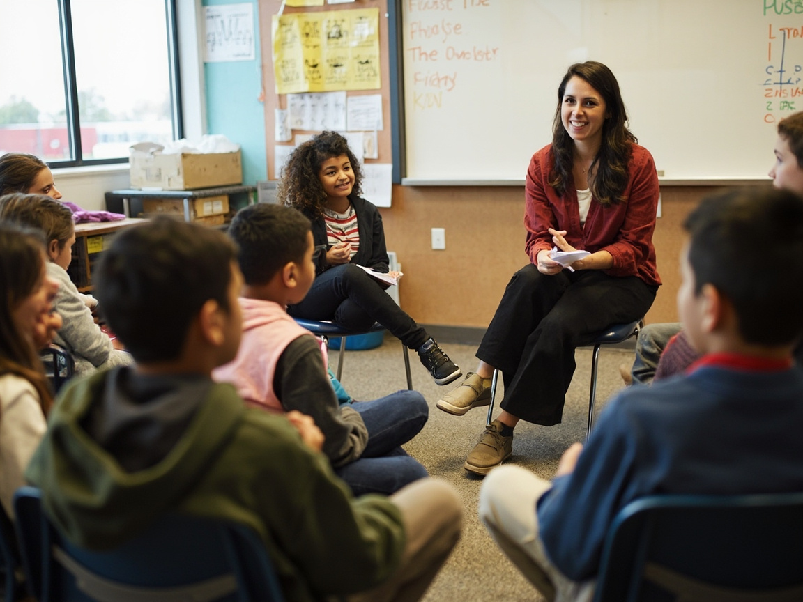 Teacher leading a restorative circle emotional intelligence activity with middle school students