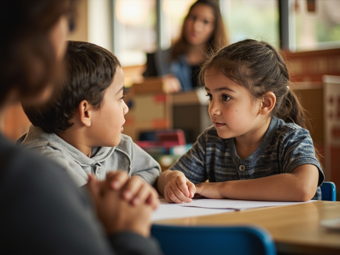 Two elementary students in a restorative conversation guided by their teacher