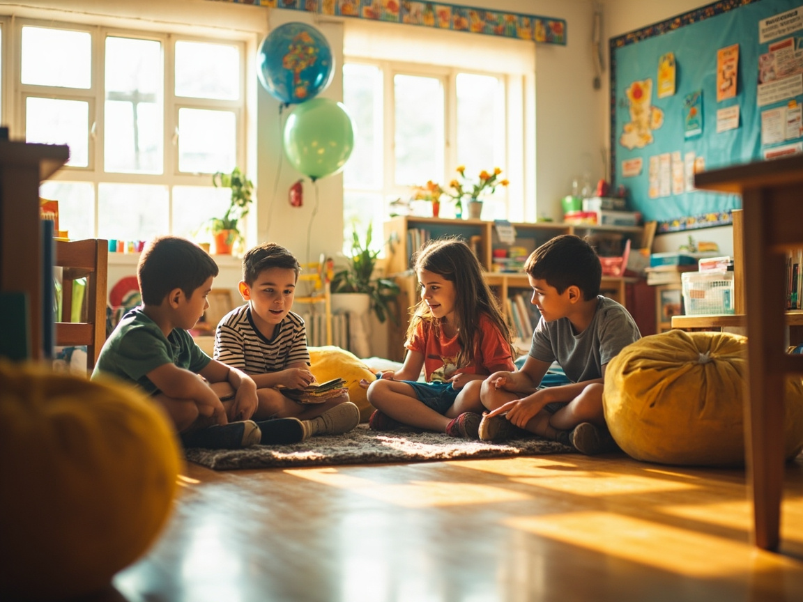 Elementary classroom reflecting a restorative practices culture with students engaged in community learning
