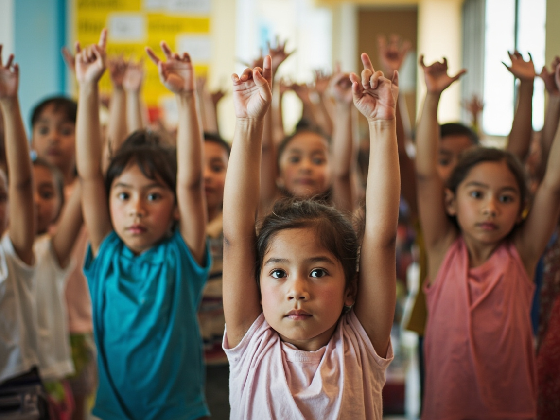 Diverse elementary school students doing a group mindfulness breathing exercise together in a school hallway