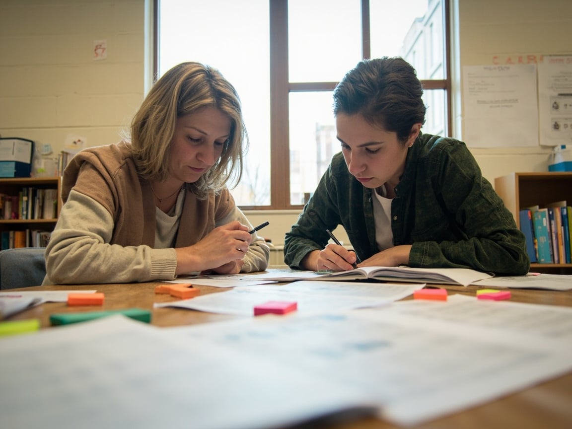Two educators planning together using CASEL-aligned SEL curriculum materials for schools