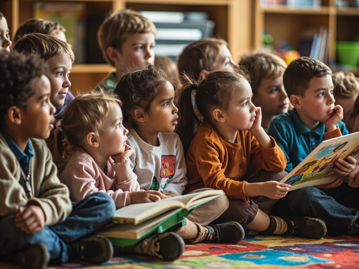 Kindergarteners listening to a picture book read-aloud as part of an SEL lesson on emotions and empathy