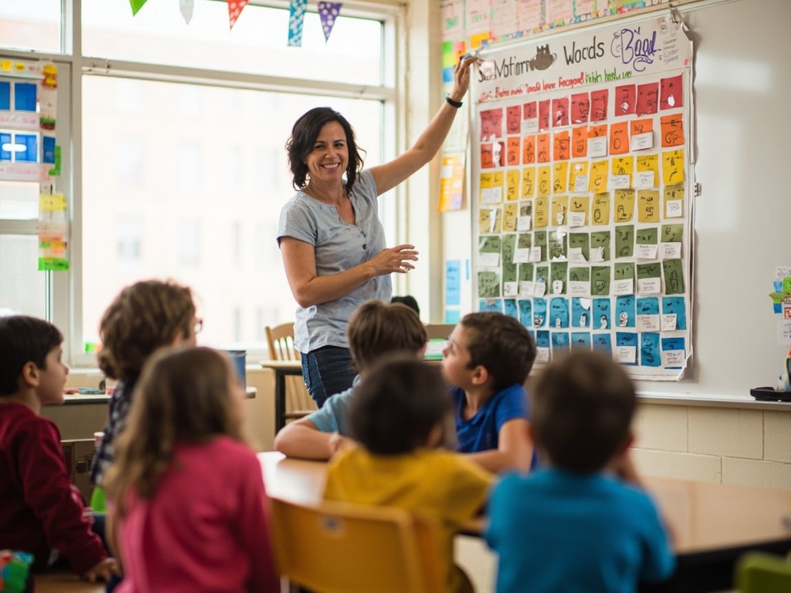 Teacher leading a social emotional learning lesson with elementary students using an emotions anchor chart