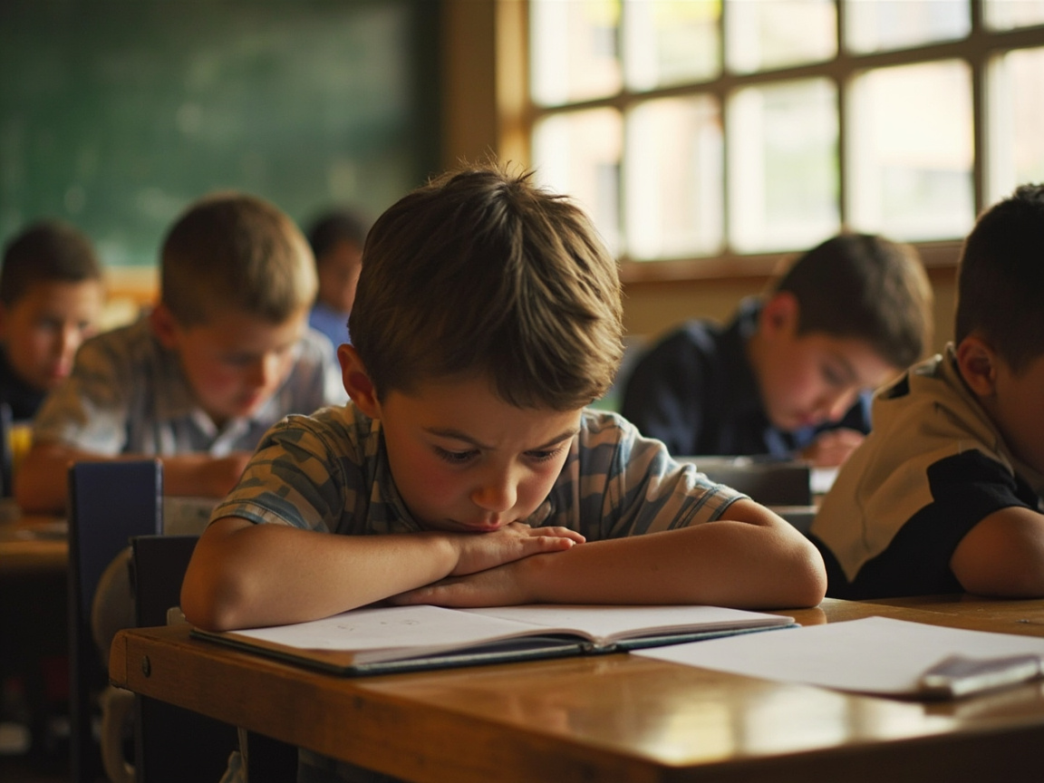 Elementary student showing quiet signs of anxiety while sitting at classroom desk