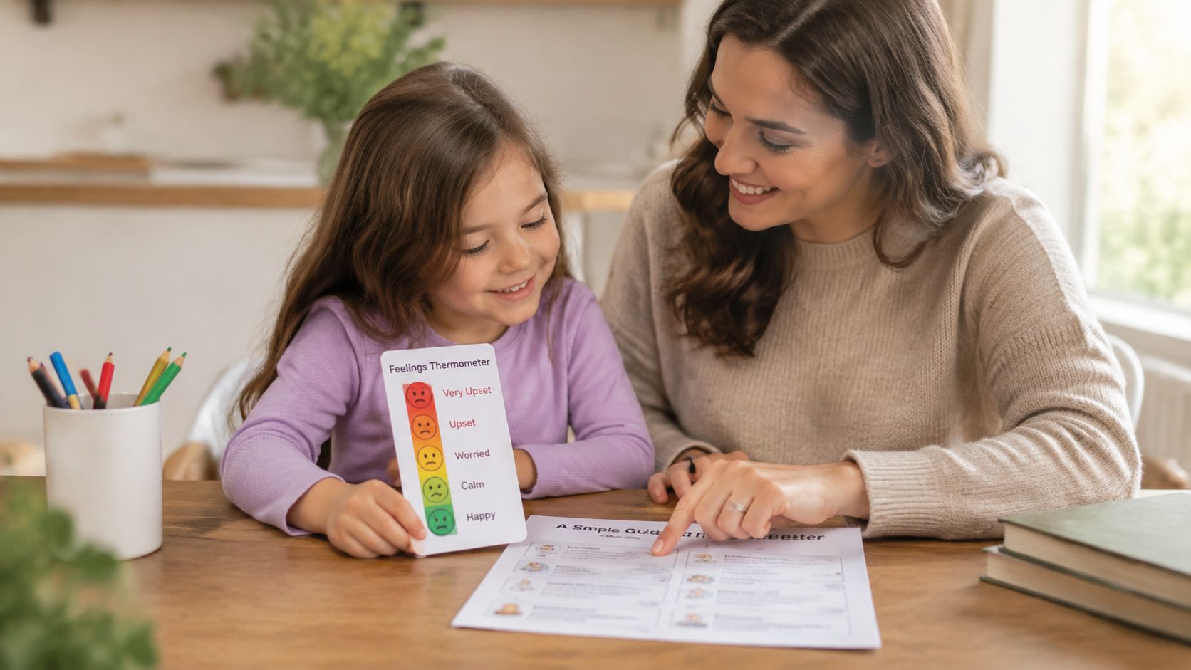 A smiling mother sits with her young daughter at a table using a feelings chart for emotional learning.