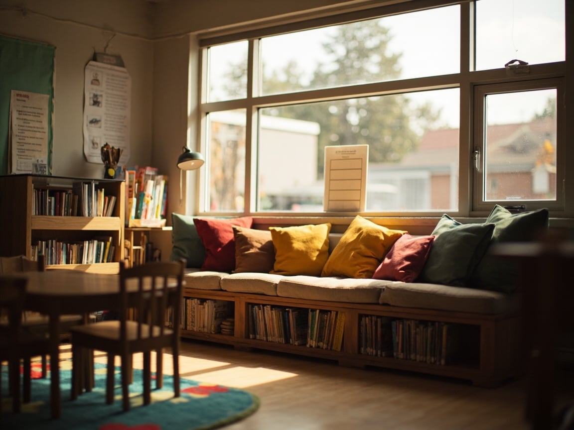Calm and welcoming elementary classroom reading nook designed to support trauma-informed teaching and student safety
