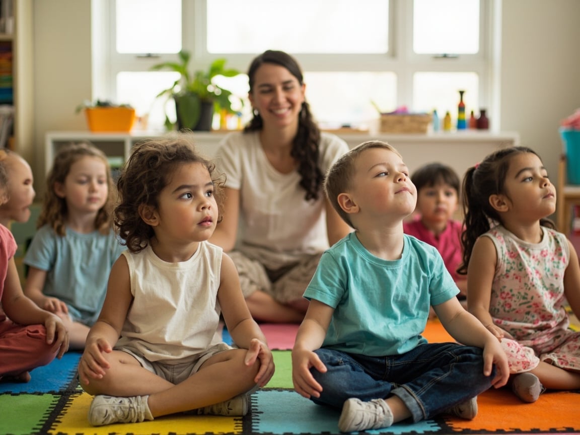Diverse elementary students and teacher practicing breathing exercises together as part of trauma-informed classroom routines