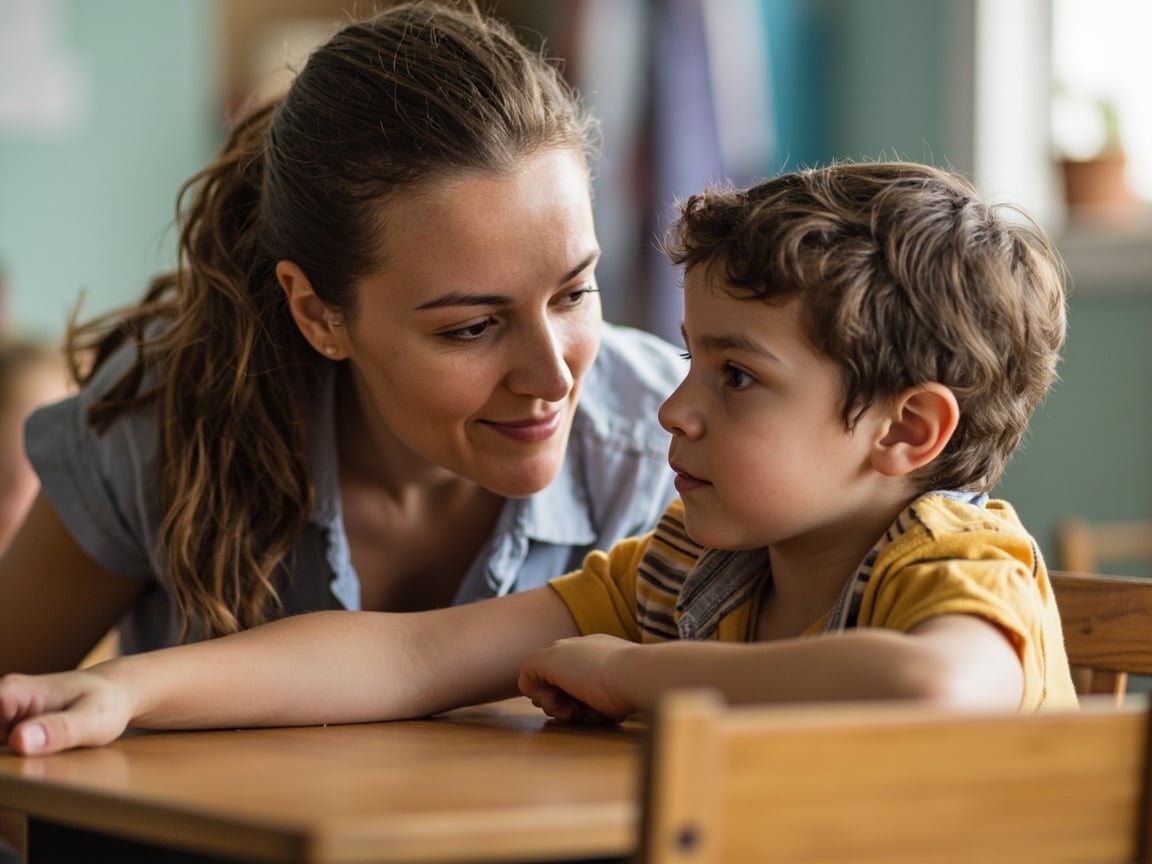 Teacher using trauma-informed teaching strategies to connect with a student through calm, attentive conversation