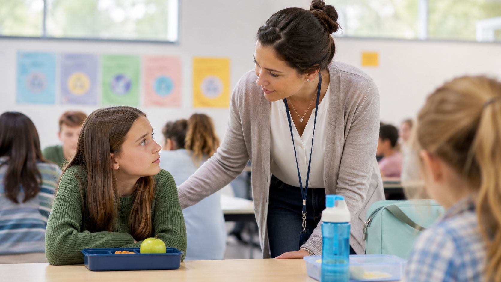 A caring teacher leans over to comfort a student at a school lunch table.