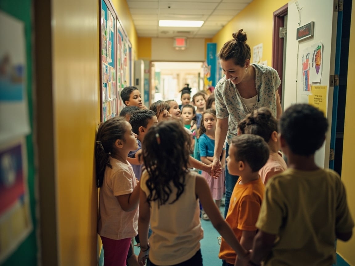 Elementary school teacher greeting students in hallway as part of a whole-school social emotional learning approach