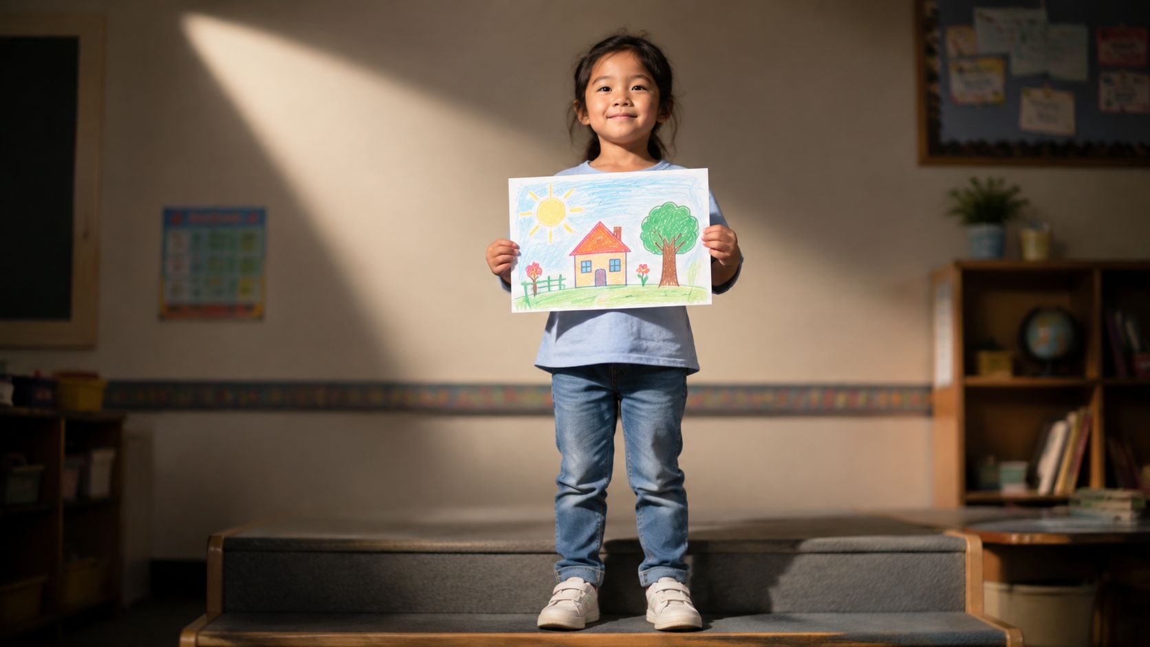 A young girl smiling while holding up a colorful drawing of a house, sun, and tree.