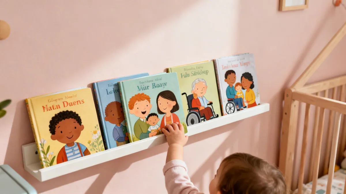 A baby's hand reaches for a colorful children's book displayed on a shelf in a nursery.