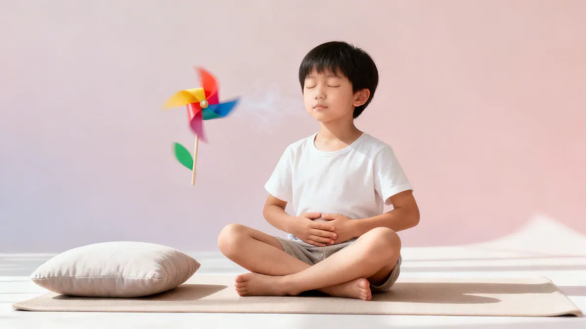 A boy meditates, breathing calmly, blowing on a colorful spinning pinwheel during a mindfulness exercise.