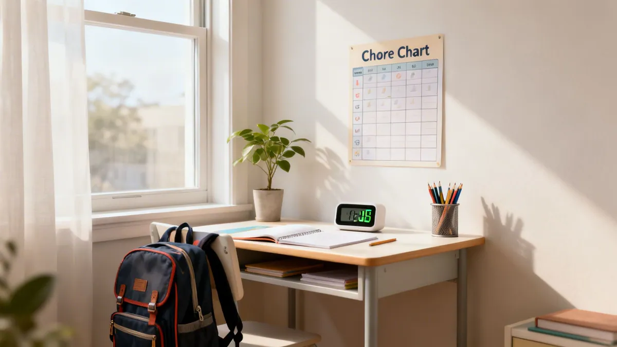 A bright, organized student desk with a chore chart, backpack, and digital clock.