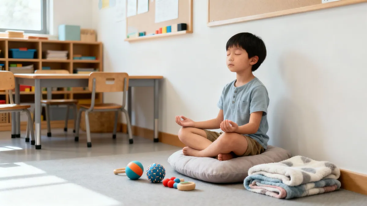 A calm Asian boy sits in a lotus position, eyes closed, practicing mindfulness in a kids' room.