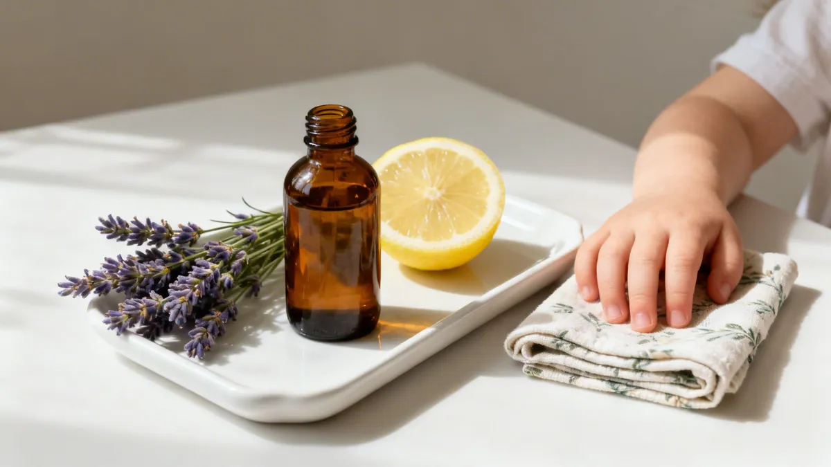 A child's hand reaching for a patterned cloth next to a lavender, essential oil, and lemon on a white tray.