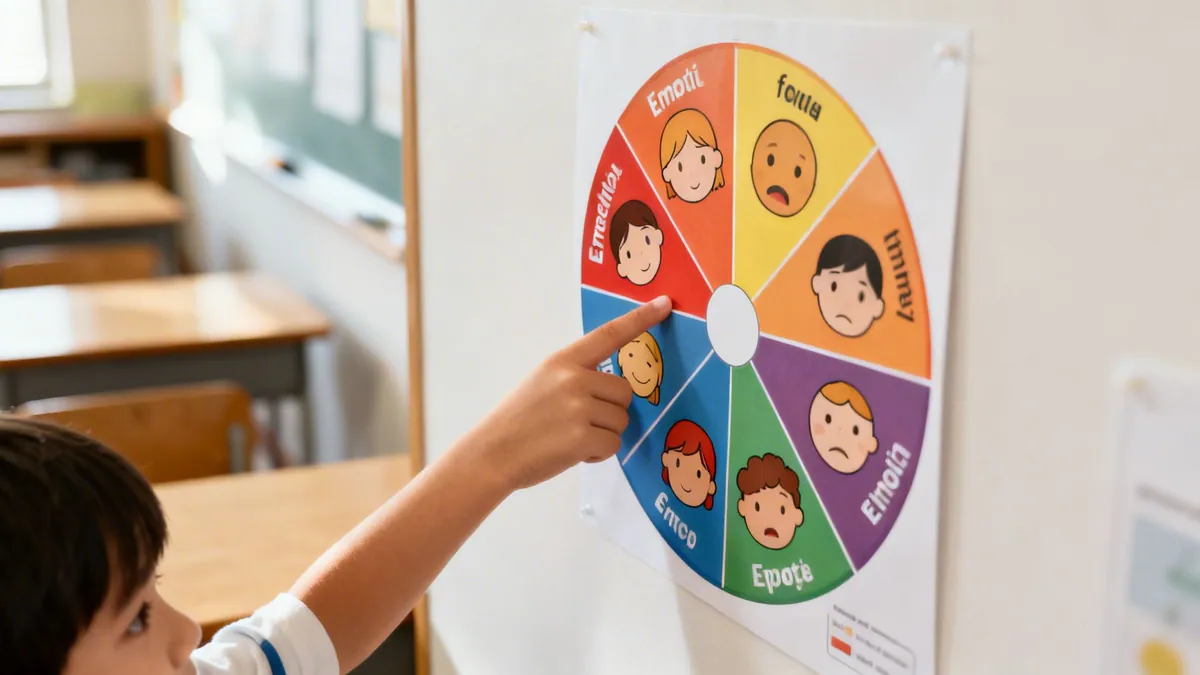 A child points to a happy face on a colorful emotion wheel chart in a bright classroom.