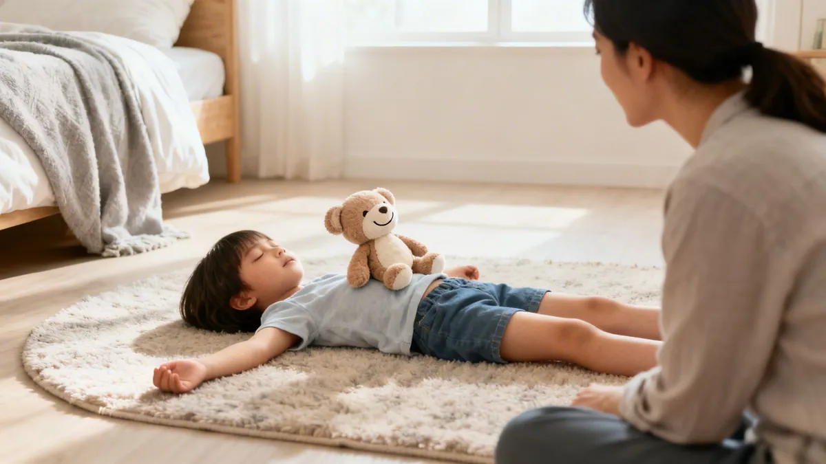 A child practices belly breathing with a teddy bear on their stomach, while an adult watches.