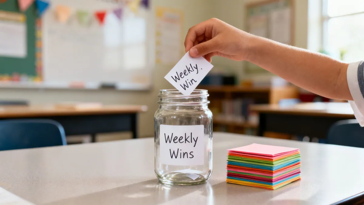 A child's hand drops a 'Weekly Win' note into a 'Weekly Wins' jar in a classroom.