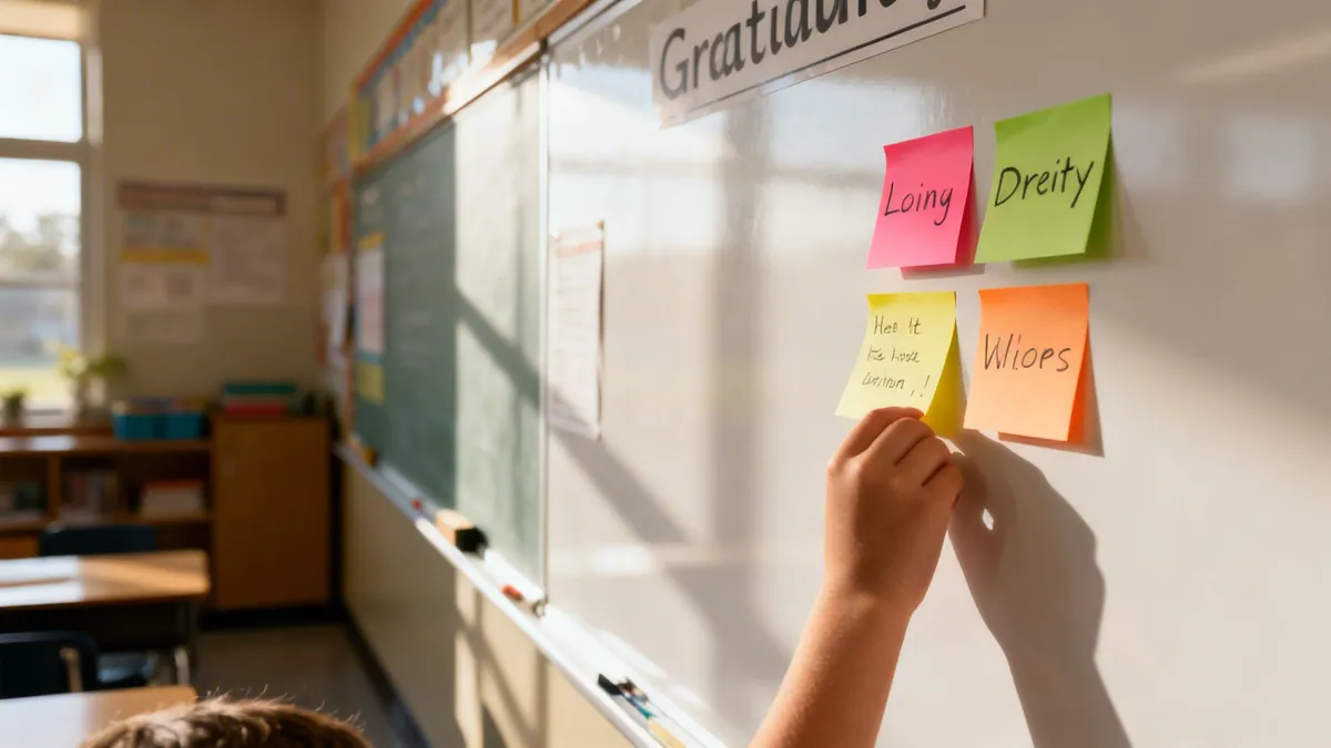 A child's hand places a yellow sticky note on a classroom whiteboard, surrounded by other notes.