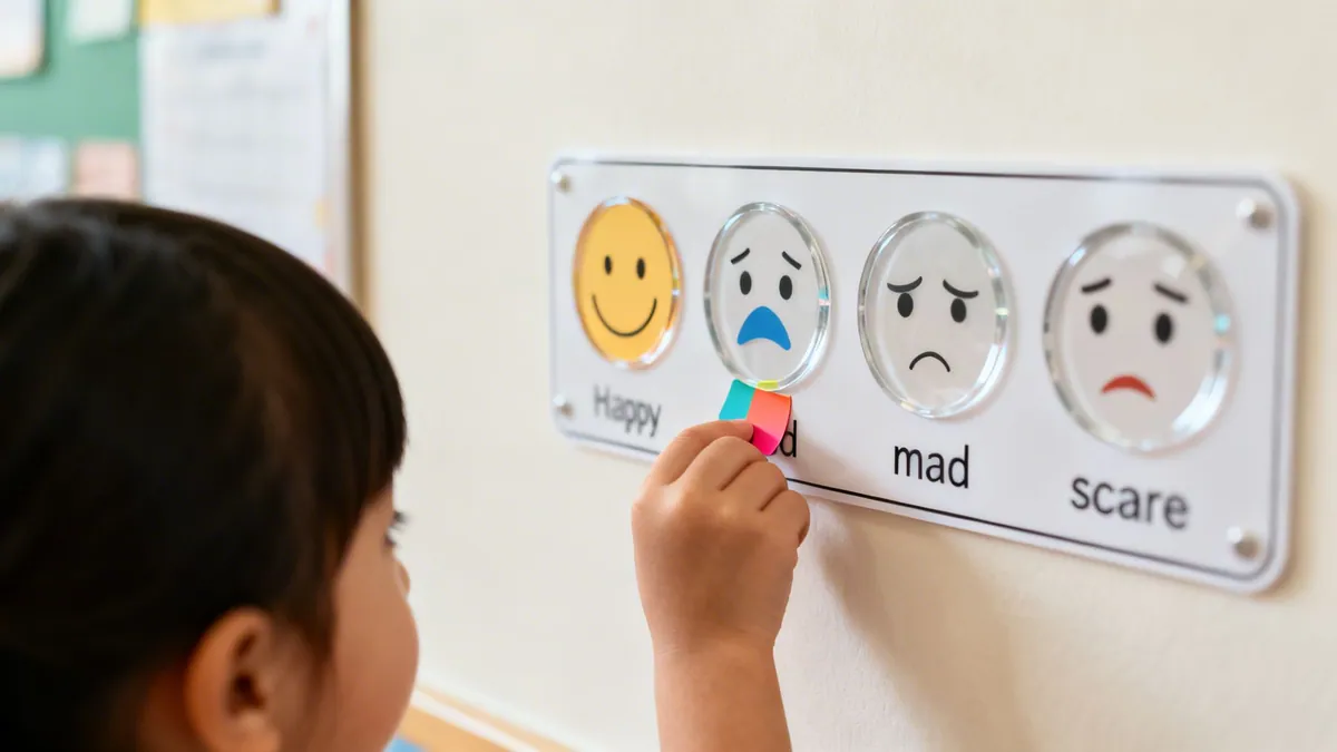A child's hand places sticky notes on a classroom emotion chart with happy, sad, mad, and scared faces.