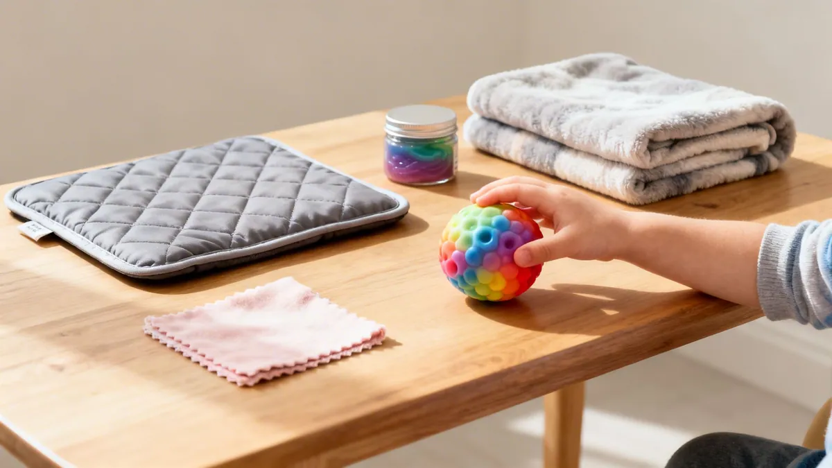 A child's hand reaches for a vibrant rainbow sensory ball on a wooden table with soft items.