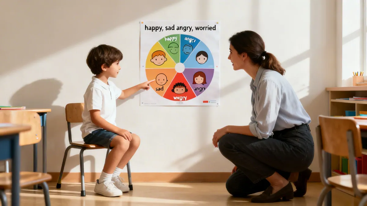 A colorful emotions wheel showing different feeling words, an example of self-regulation.