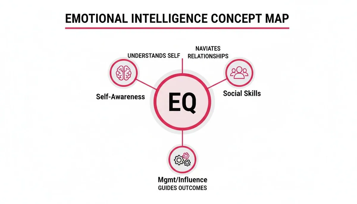 A concept map illustrating emotional intelligence (EQ) with its three core components: self-awareness, social skills, and management/influence.