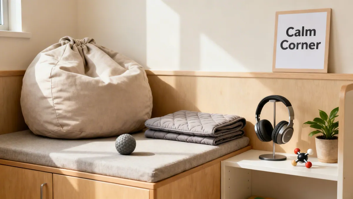 A cozy calm corner featuring a bean bag, weighted blanket, headphones, and a sensory ball.
