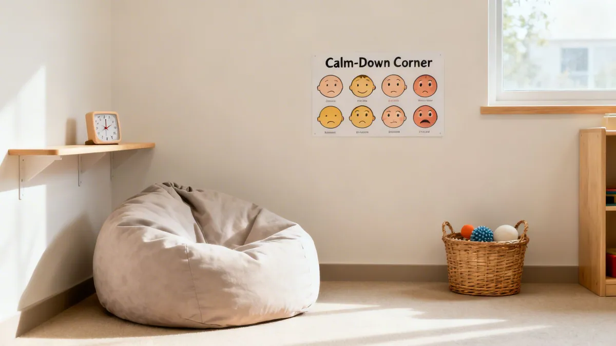 A cozy calm-down corner with a beanbag, emotions chart, clock, and a basket of balls.