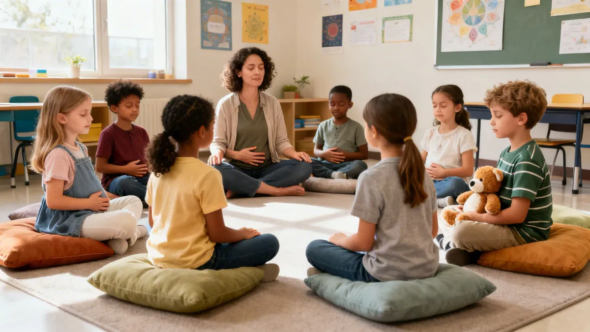 A diverse group of children and a teacher meditate together on cushions in a sunny classroom.