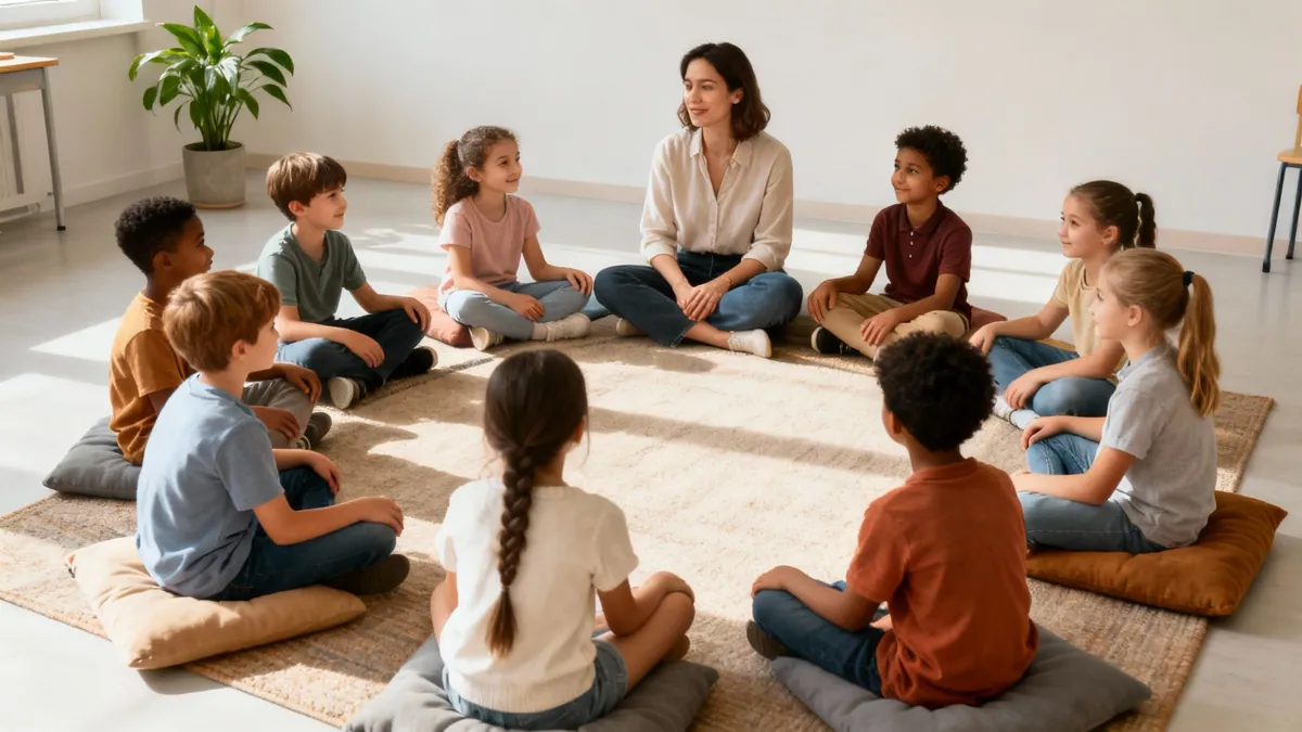 A diverse group of children and a teacher sit in a circle on cushions, engaging in a discussion.