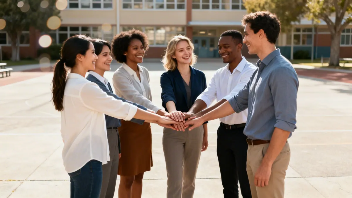 A diverse group of smiling teachers stacking hands together outdoors, symbolizing teamwork and unity.