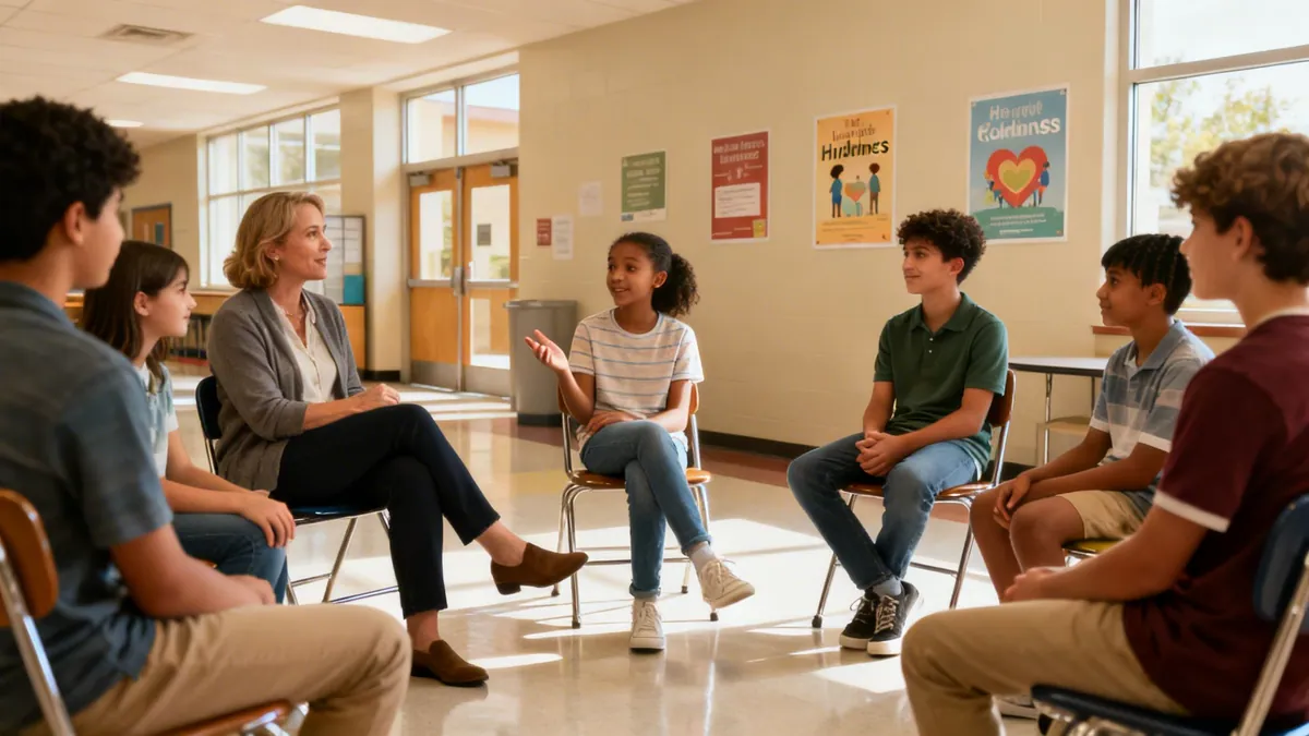 A diverse group of students and a teacher sit in a circle, actively listening during a school discussion.