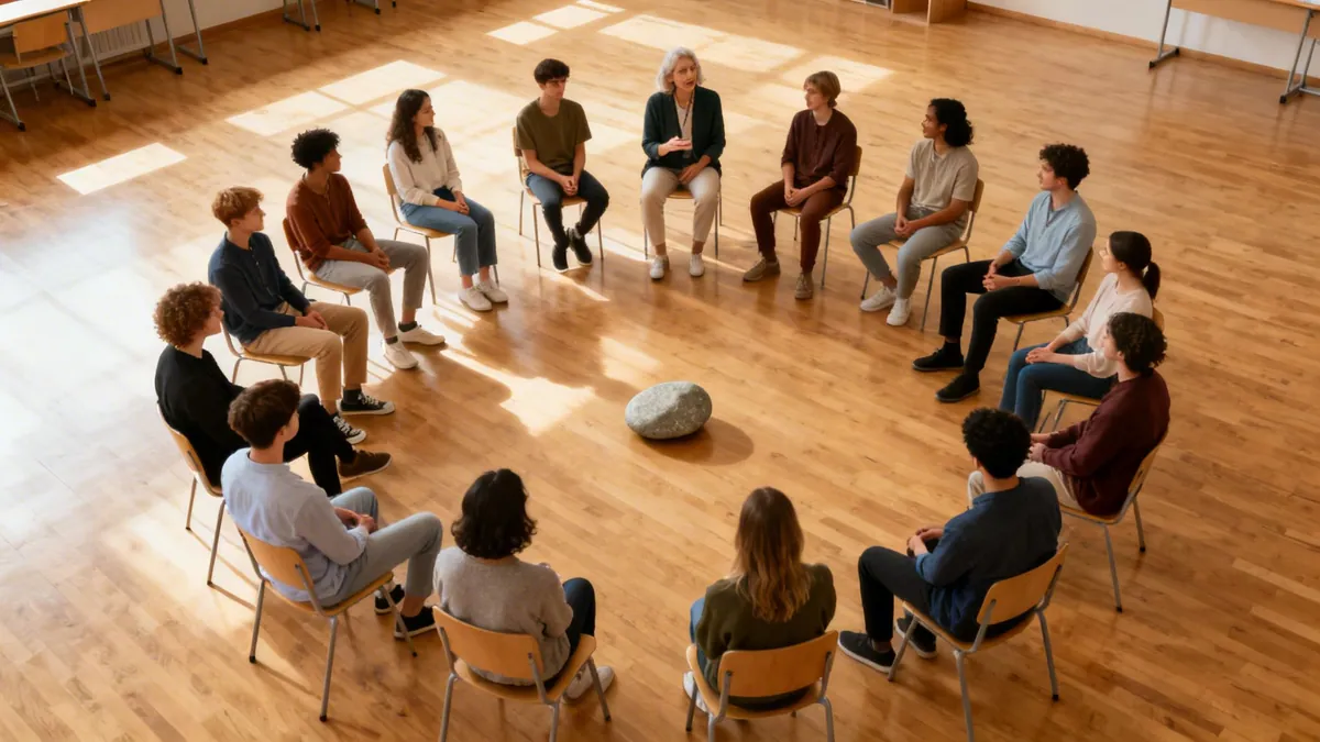 A diverse group of students and an adult sit in a circle, with a rock in the center, for a group discussion.
