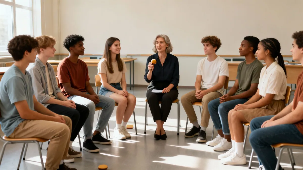 A diverse group of students sit in a circle, listening to a woman speaking during a group discussion.