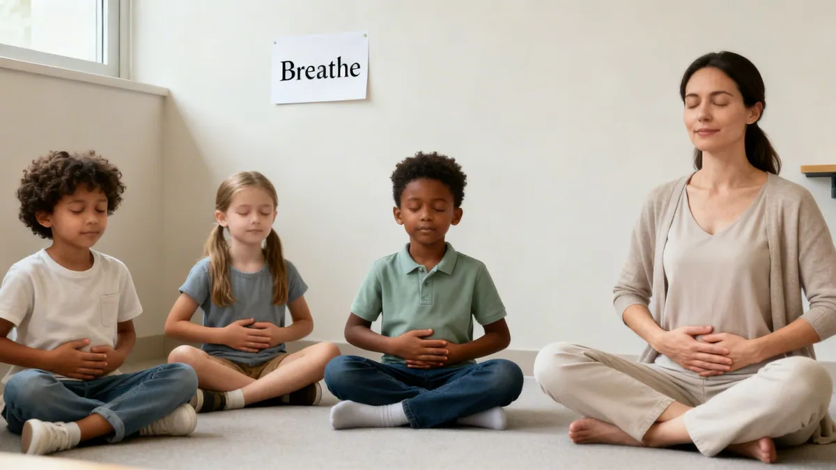 A diverse teacher and three children sit cross-legged, eyes closed, practicing mindfulness meditation with a 'Breathe' sign.