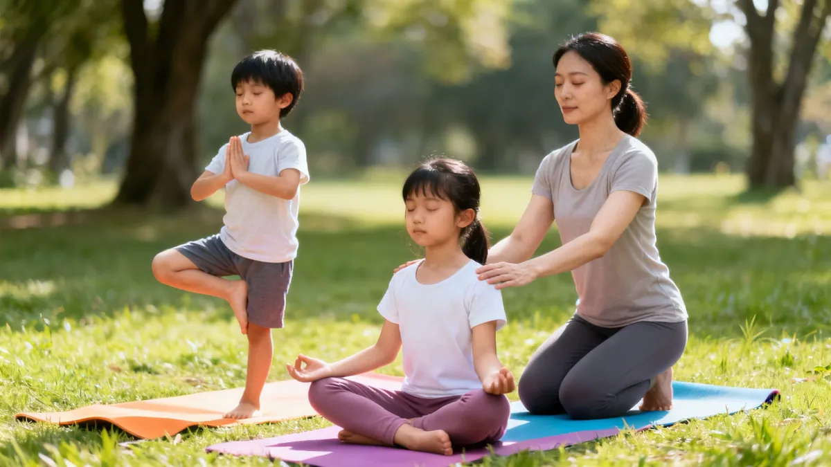 A family practices yoga outdoors in a sunny park, with a woman guiding two children.